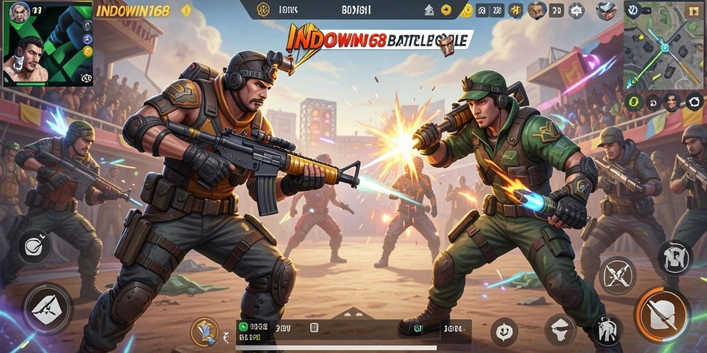 Tangkapan layar utama INDOWIN168 menampilkan aksi seru dalam permainan Battle Royale.