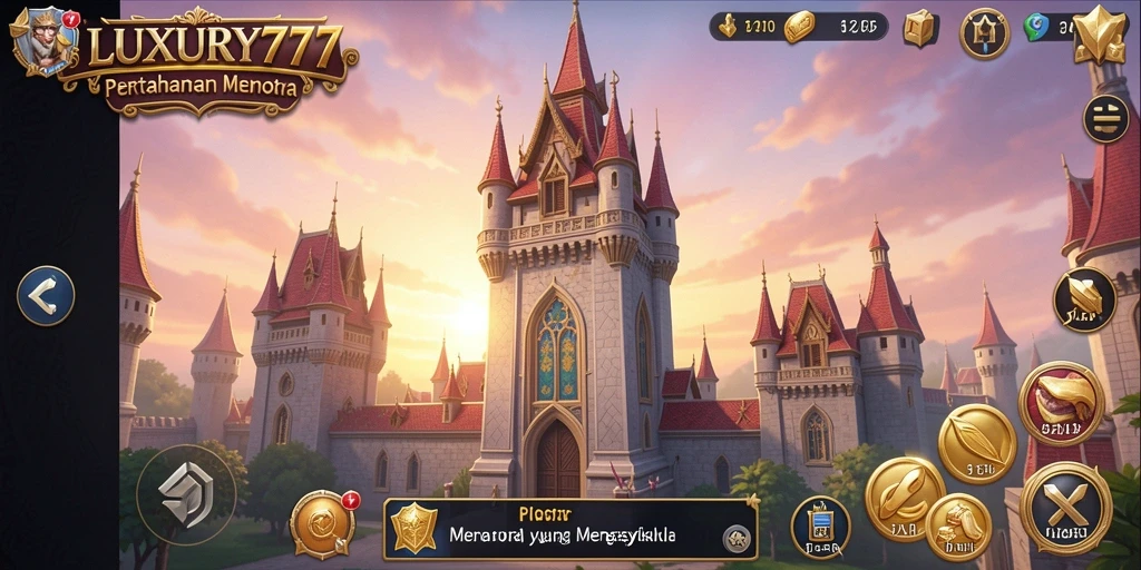 Screenshot gameplay LUXURY777 menunjukkan menara dengan latar belakang grafis yang memukau.